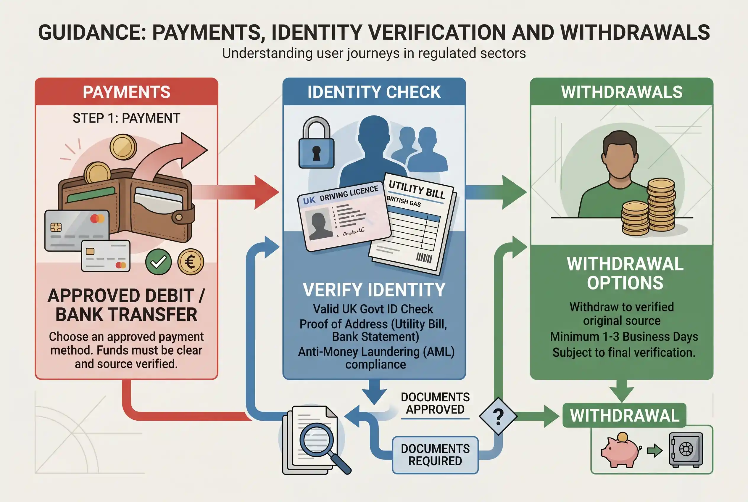 Decision path connecting payment, identity and withdrawal questions